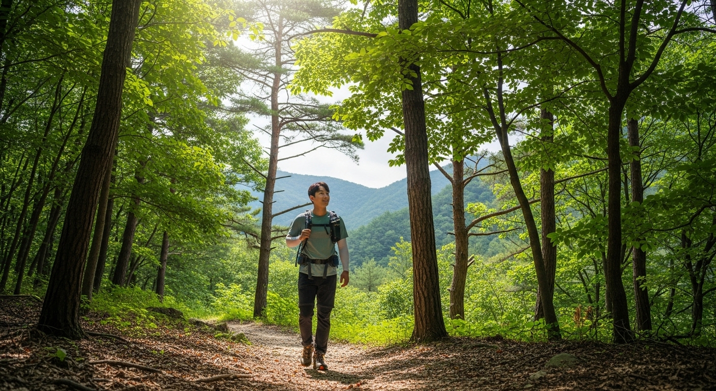 푸른 한국 산림욕장에서 햇살을 받으며 숲길을 걷는 한국인. 자연 속에서 편안함과 활력을 되찾는 모습입니다.