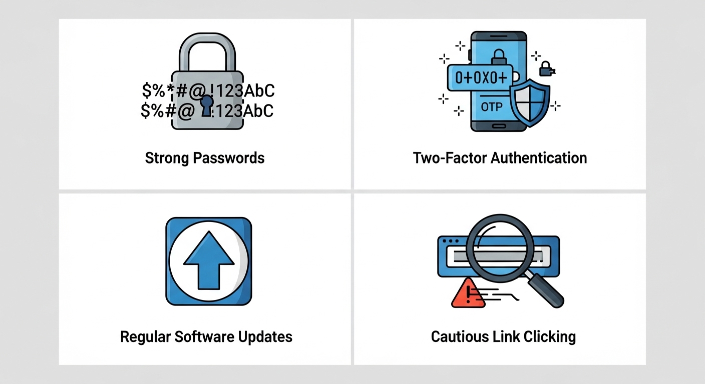 강력한 비밀번호, 2단계 인증, 소프트웨어 업데이트, 링크 클릭 주의 등 온라인 보안 수칙 아이콘