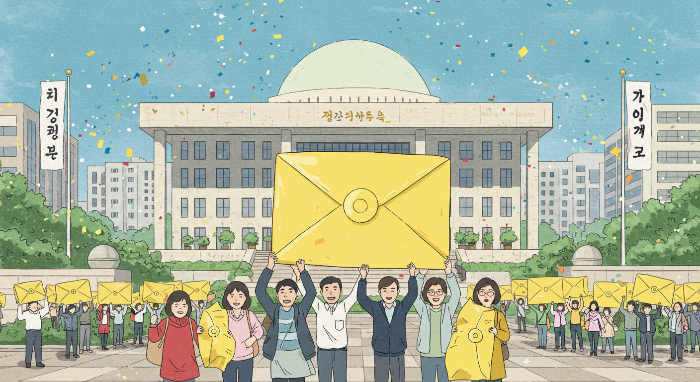국회 앞에서 노란 봉투를 들고 법 통과를 축하하는 시민들 모습