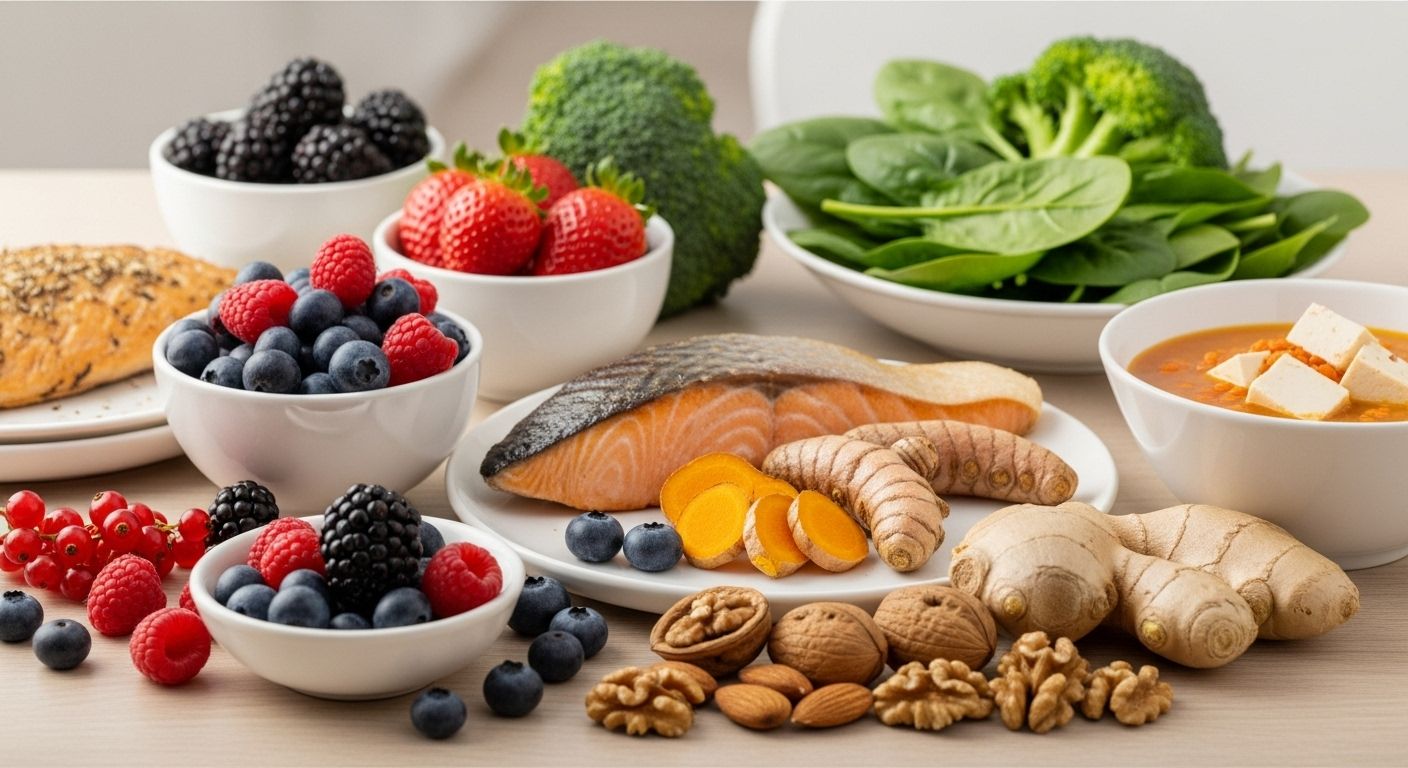 연어, 베리류, 브로콜리, 강황, 생강 등 관절 건강에 좋은 신선한 음식들이 정갈하게 차려진 식탁