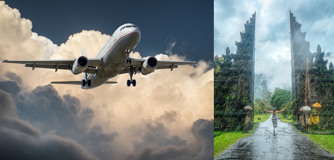 왼쪽에 비행기가 하늘을 날고 있는 사진과 오른쪽 비가내리는 관광지에서 두팔을 벌려 비를 맞고 있는 뒷모습이 보이는 사진