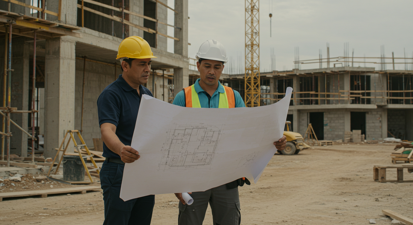 공사현장에서 도면을 보고 있는 사진