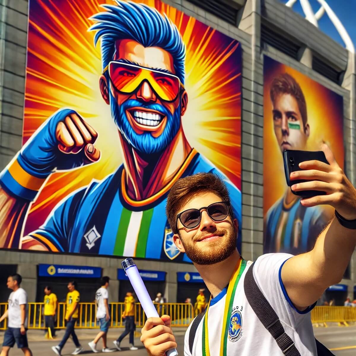 포스터 앞에서 셀카 찍는 팬