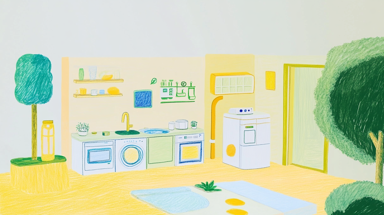 에너지 효율적인 가전제품이 물과 에너지를 절약하며 환경 친화적 집안에 긍정적인 영향을 미치는 장면