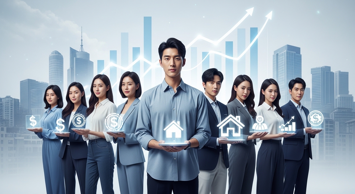 2026년 청년지원금을 통해 주거 안정, 자산 형성, 취업 성공 등 경제적 자립을 이룬 청년들의 밝고 희망찬 모습.