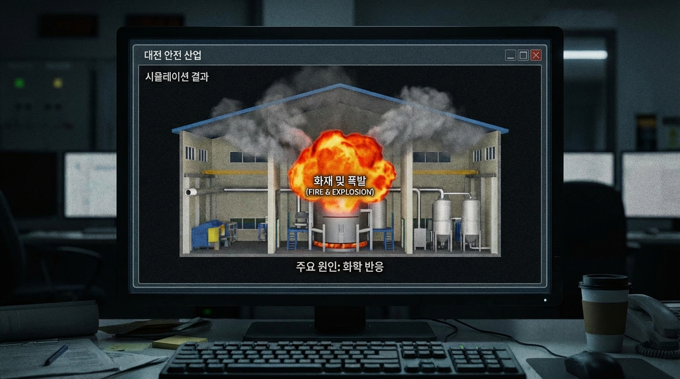 대전 안전공업 화재의 주원인인 화학 물질 폭발 및 공장 내부 화재 시뮬레이션 이미지