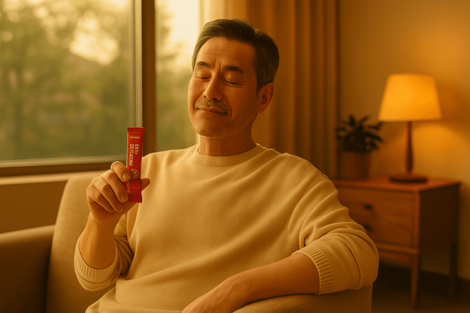 소파에 앉아 유산균 스틱 제품을 들고 만족스러운 표정을 짓는 중년 한국 남성(따뜻한 실내 조명, 휴식 분위기)