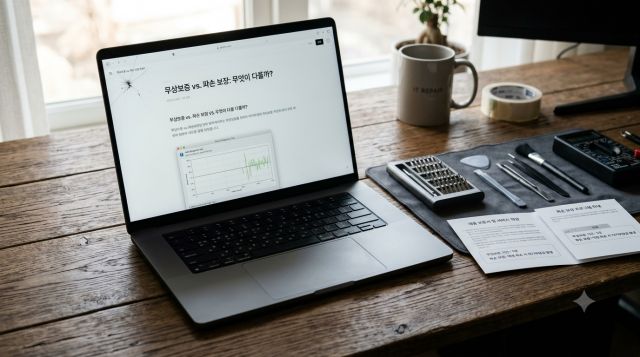 액정이 파손된 노트북과 수리 점검 도구 및 보증서를 함께 배치한 모습