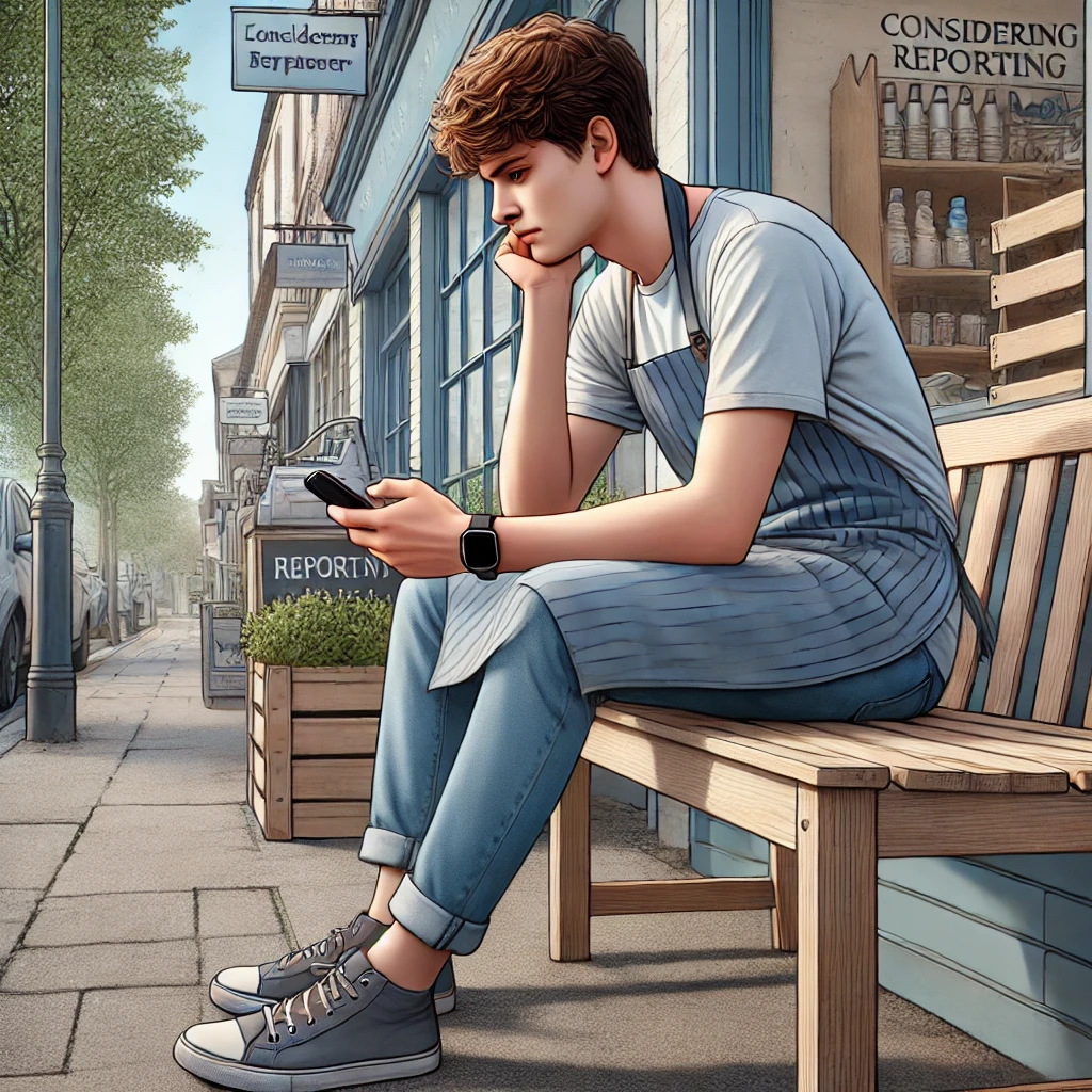 알바생이 사장과 갈등 후 임금체불 신고를 고민하는 장면을 묘사한 현실적 일러스트