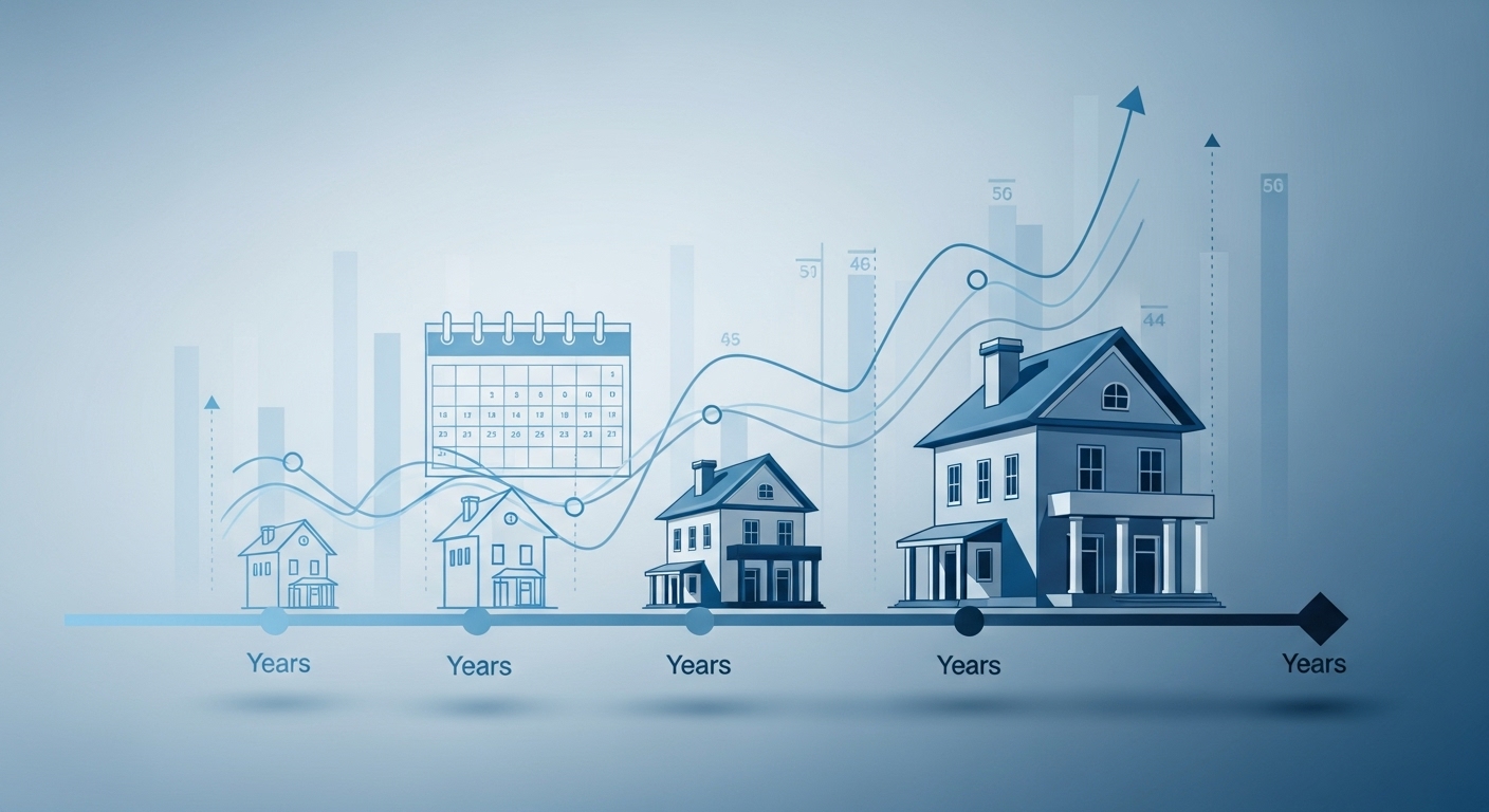 시간이 지남에 따라 가치가 상승하는 집과 성장하는 그래프를 보여주는 장기 부동산 투자 개념도