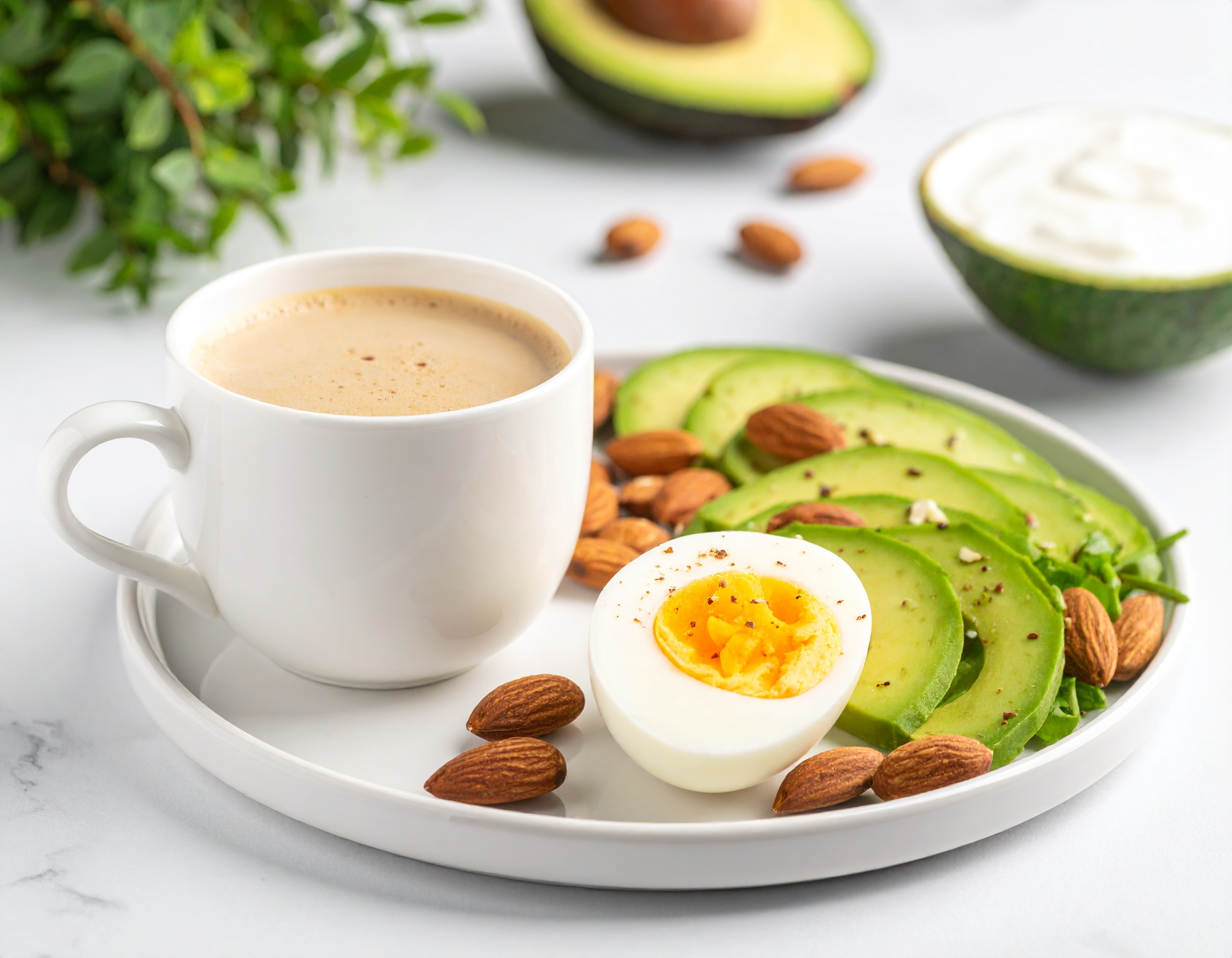 삶은 달걀, 아보카도, 아몬드, 커피가 담긴 키토제닉 아침 식단
