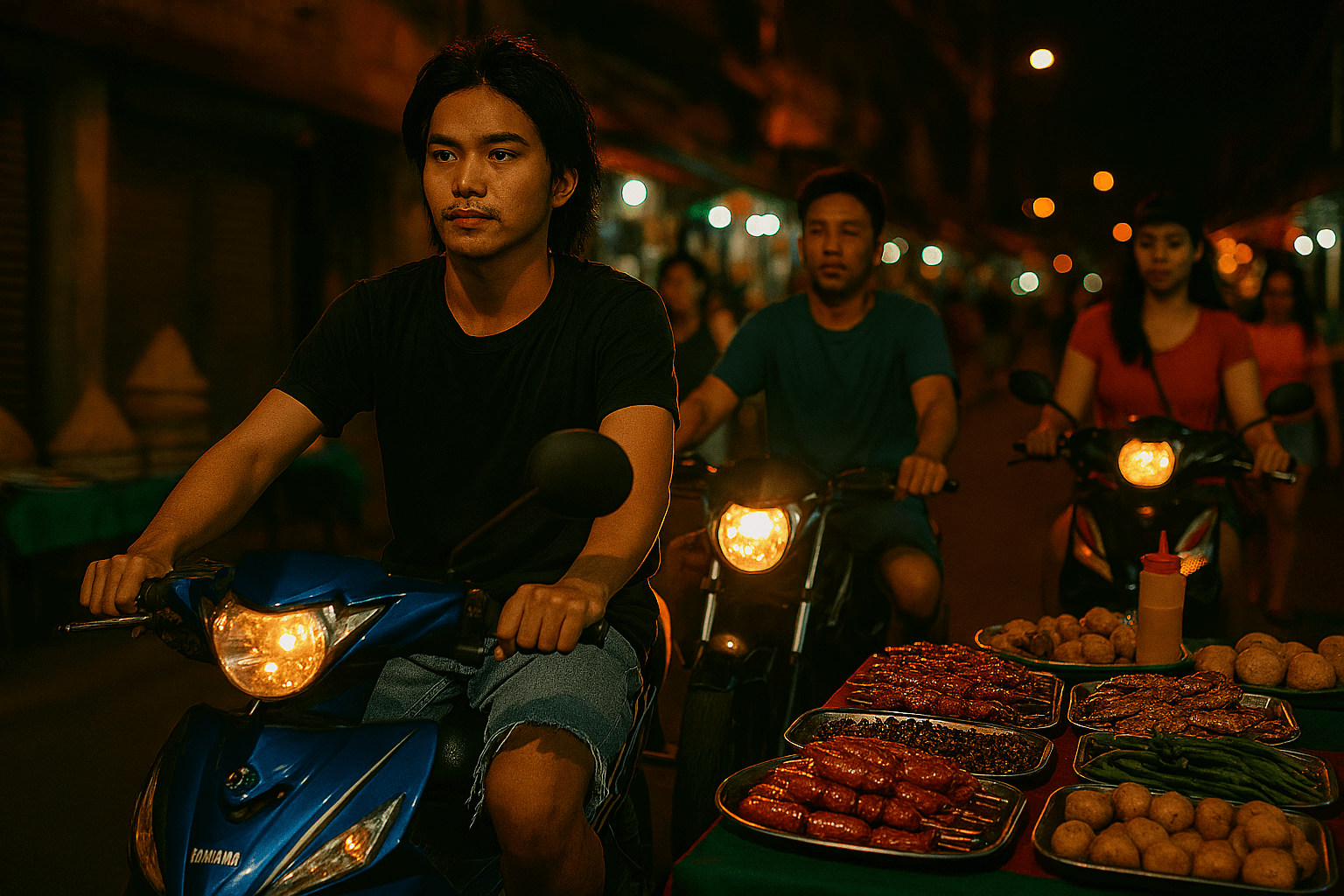 필리핀의 활기찬 거리에서 바이크를 타고 이동하는 현지 젊은이들의 모습. 필리핀여행의 역동적인 분위기를 보여준다.