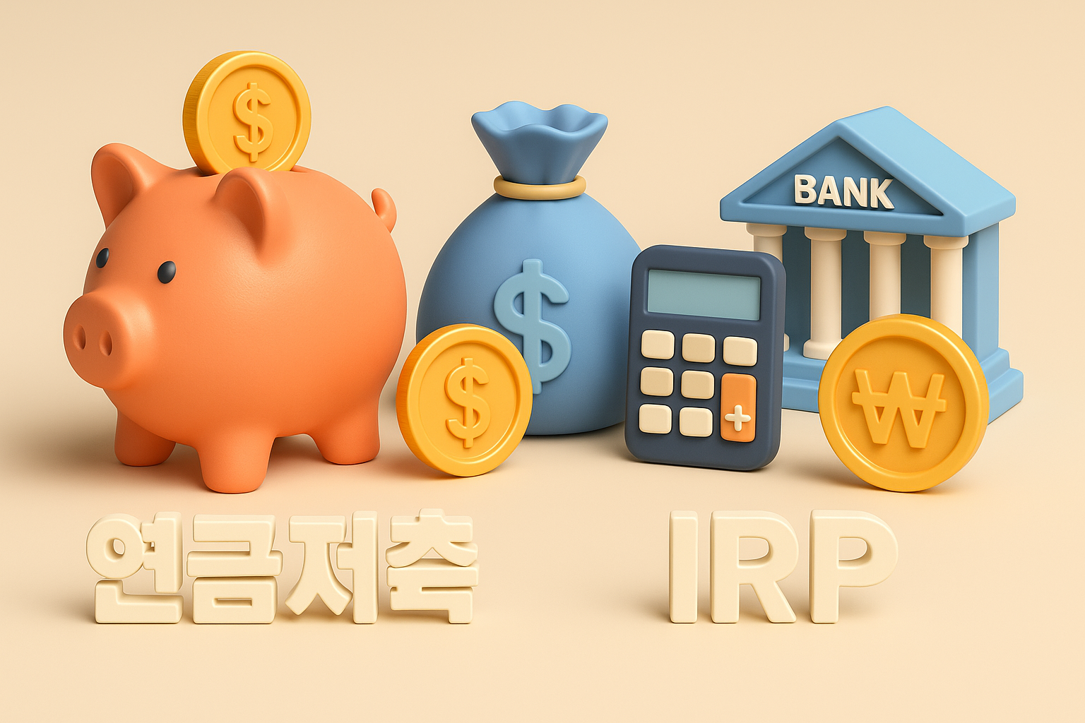 연금저축, IRP 텍스트와 금융 및 재테크를 연상하는 저금통, 은행, 화폐, 계산기를 포함한 그림