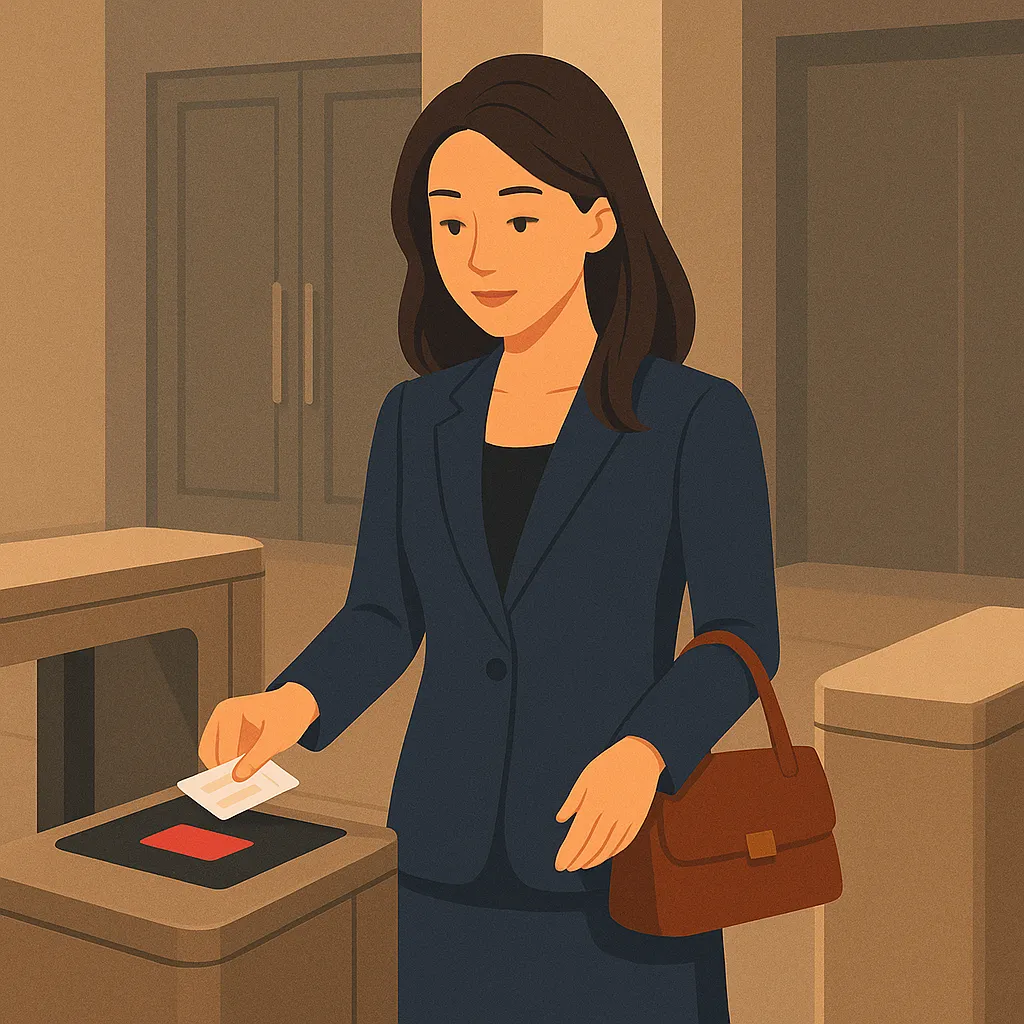 공연장 입구에서 티켓 스캔하는 여성