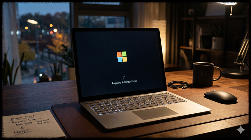 Windows 자동 복구 준비 화면이 표시된 노트북 모습