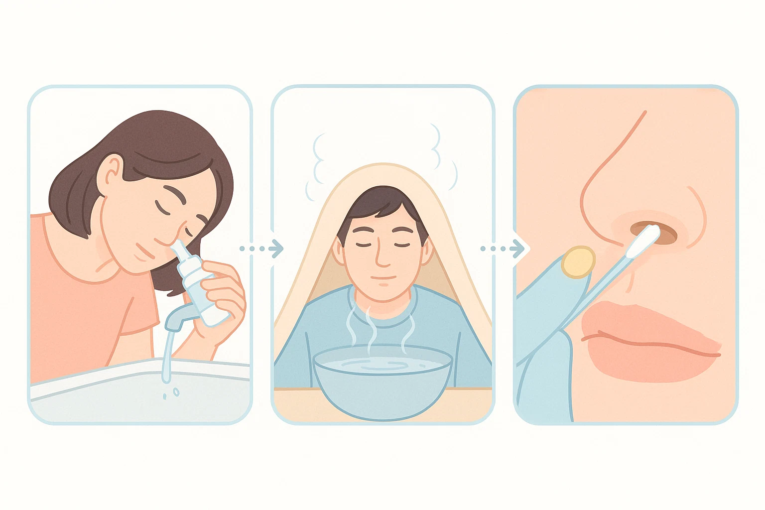 생리식염수 세척을 하는 여성, 따뜻한 증기를 마시는 남성, 면봉에 바셀린을 묻혀 코 입구만 조심스럽게 닦는 모습