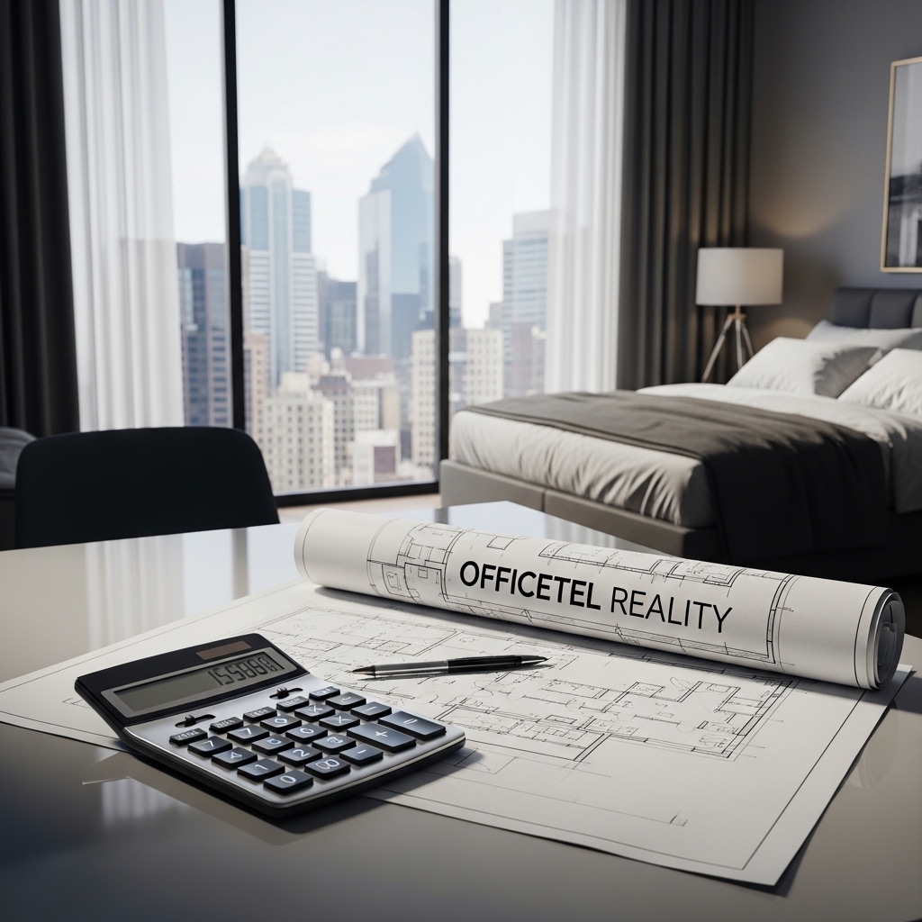 현대적인 오피스텔 내부 인테리어와 도시 전망, 테이블 위에 놓인 계산기와 청사진 도면