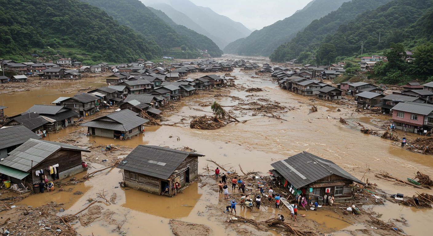 대만 태풍 포둘로 인한 산간 마을 침수 피해. 무너진 주택과 고립된 주민들이 보이며, 자연재해의 사회적 불균형을 드러냄