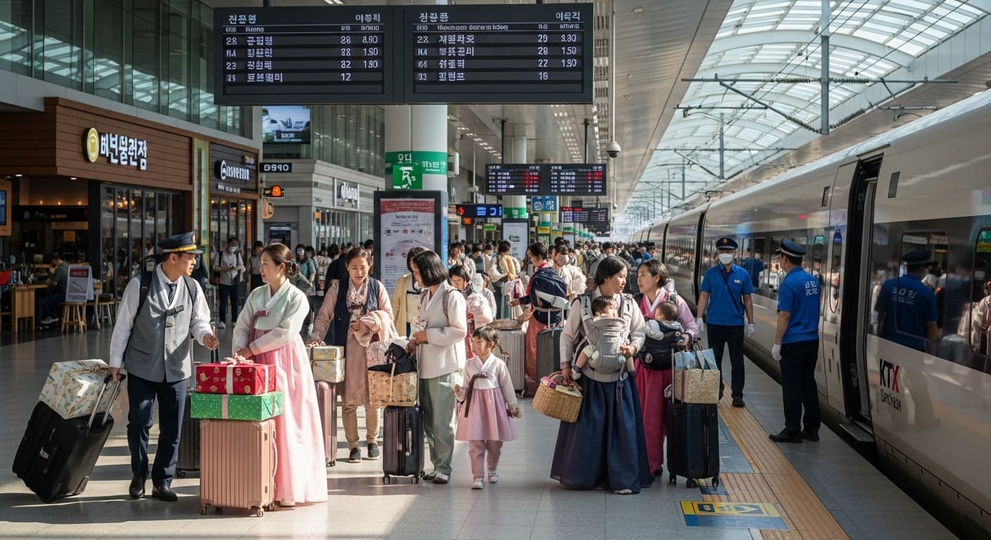 추석 귀성객으로 붐비는 기차역 대합실