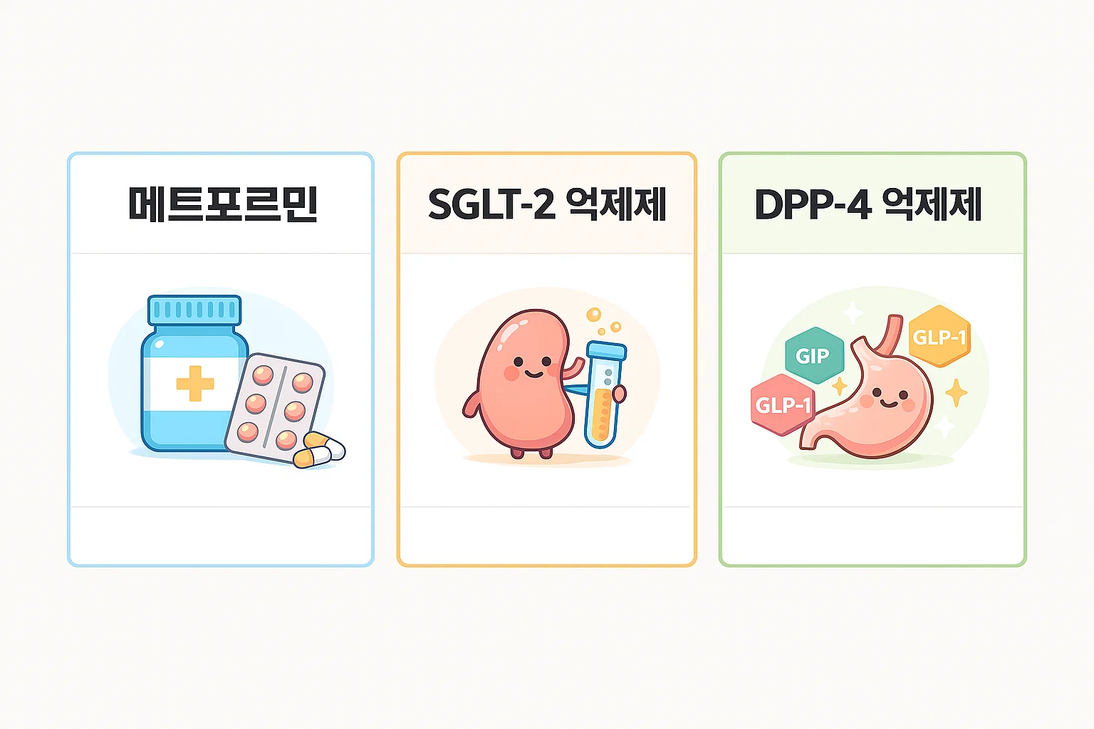 메트포르민 SGLT2 억제제 DPP4 억제제 등 당뇨병 약물 치료 종류별 작용 원리와 선택 기준을 비교 정리한 이미지입니다