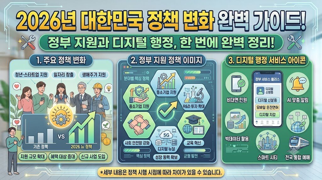 2026년 정책 변화, 정부 지원 정책 이미지, 디지털 행정 서비스 아이콘