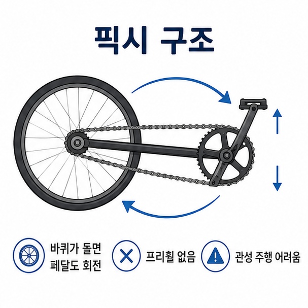 프리휠이 없어 자전거가 움직이면 페달도 계속 회전하는 고정기어 방식의 특징을 설명한 이미지