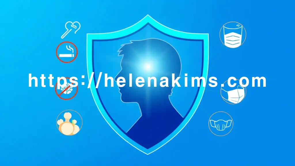 밝고 희망찬 분위기 속에서 사람의 옆모습 실루엣 주위를 푸른색 보호막이 감싸고 있음. 보호막 안팎으로 '금연', '절주', '신선한 채소', '작업 마스크' 아이콘들이 있는 그래픽 이미지.