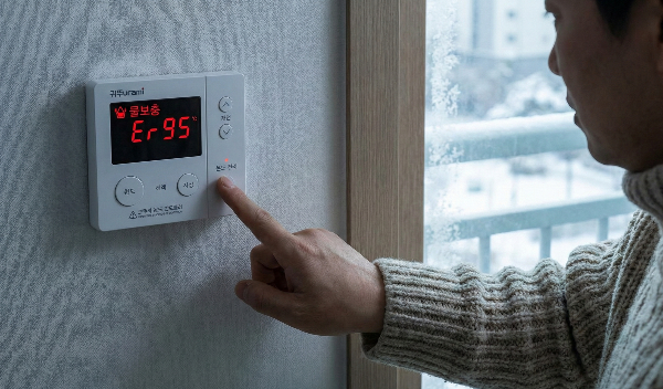 눈 덮인 겨울 창가 옆, 두꺼운 스웨터를 입은 사람이 귀뚜라미 보일러 실내 온도조절기에 뜬 빨간색 'Er 95 물보충' 에러코드를 확인하며 버튼을 누르고 있는 모습의 실사 사진