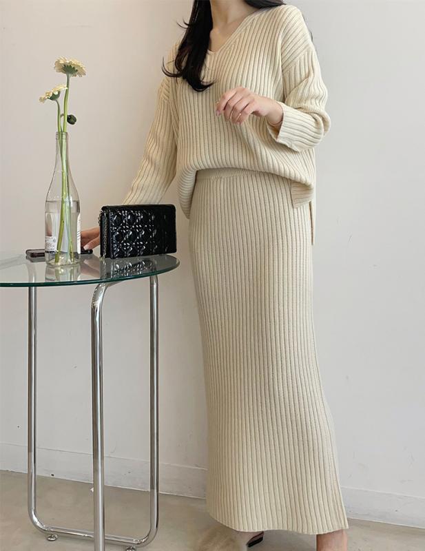 앙코르 메리노울 브이넥 골지 니트스커트 세트