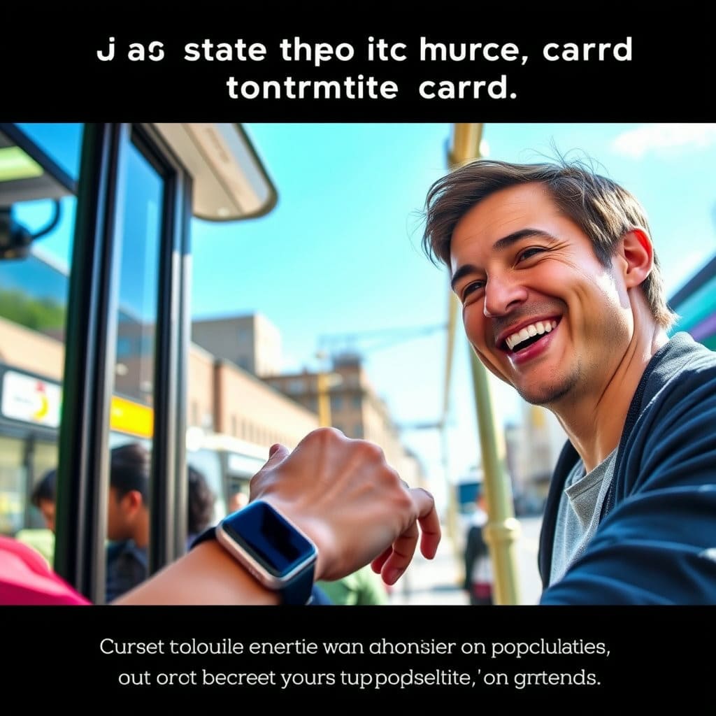 애플워치를 착용한 사람이 미소를 지으며 대중교통을 이용하거나, 목적지에 도착하여 만족스러운 표정을 짓는 모습입니다. 전체적으로 밝고 긍정적인 분위기로, 이 기능이 삶의 질을 향상시킨다는 메시지를 전달합니다.