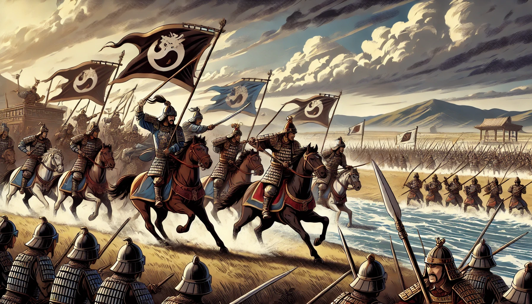 고구려와 왜의 해안 전투를 그린 애니메이션 스타일 장면