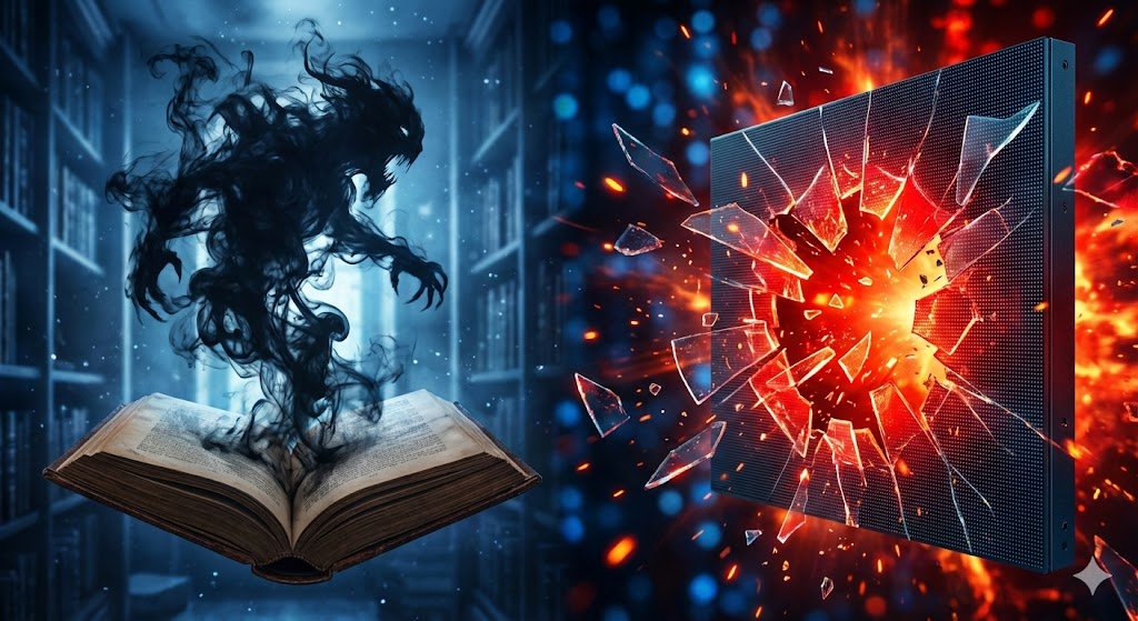 Dark illusions erupting from an open book clashing with intense visuals on a screen.