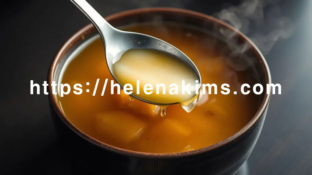 국물 위에는 노란색 지방층이 확연하게 떠 있고, 그 지방층을 깔끔한 은색 숟가락이나 국자로 조심스럽게 걷어내는 이미지.