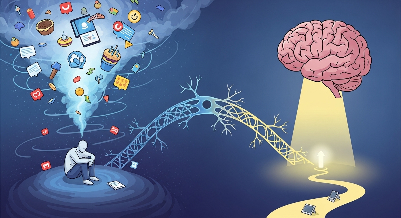 뇌 속 미루는 습관과의 싸움을 묘사한 개념적 이미지. 혼돈과 집중의 대조를 통해 뇌 과학적 접근의 중요성을 강조.