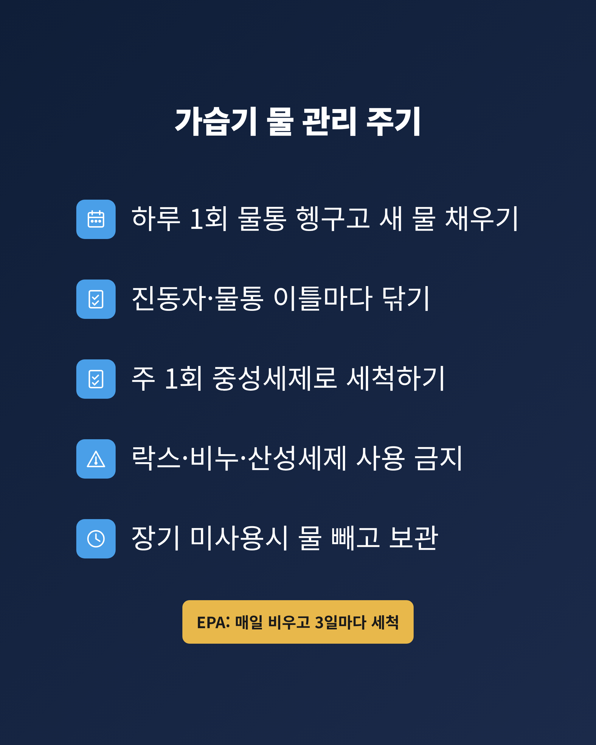 가습기 물 매일 교체와 이틀마다 세척, 주 1회 중성세제 세척 주기를 정리한 관리 일정표