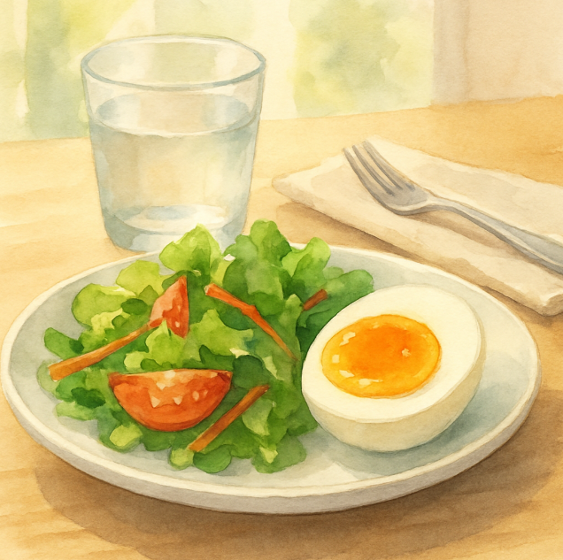 아침 식탁 위에 놓인 반숙 계란과 샐러드, 신선한 분위기