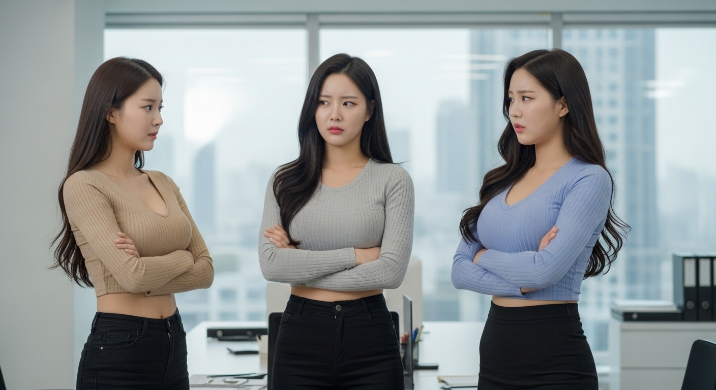 심각하게 이야기를 나누고있는 여자들.