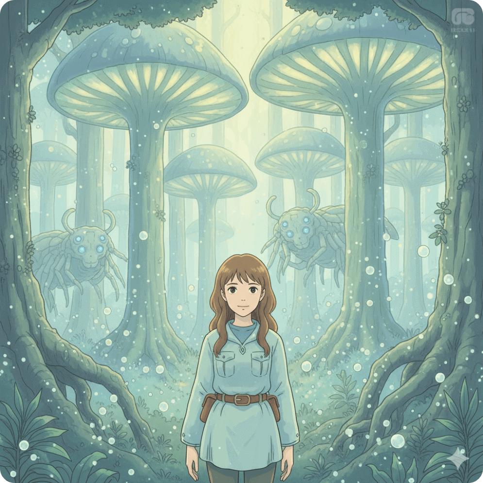 alt="바람 계곡의 나우시카 속 정화의 숲을 배경으로, 빛나는 나무와 오무 곤충이 어우러진 일러스트. 푸른빛과 초록빛이 어둡지만 따뜻한 분위기를 만들어내며, 자연과 공생의 메시지를 상징적으로 표현함."