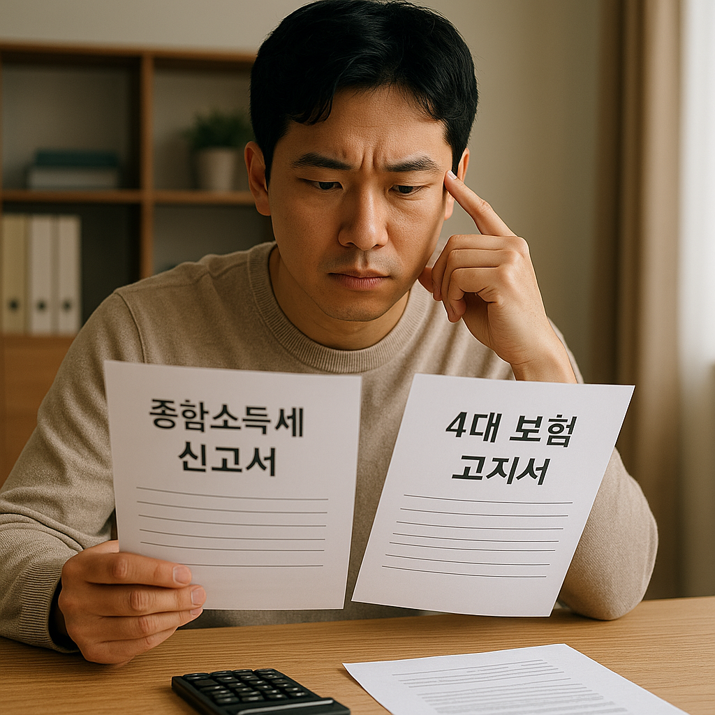 종합소득세 신고서와 4대 보험 고지서를 함께 검토하며 납부 금액을 계산하는 프리랜서의 책상 위 장면