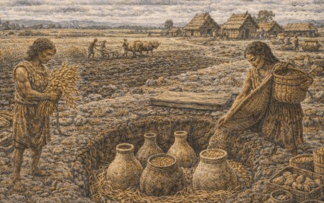 헝가리 평원 지역 선사 농경 공동체의 씨앗 저장 구덩이 옆애서 일하는 모습