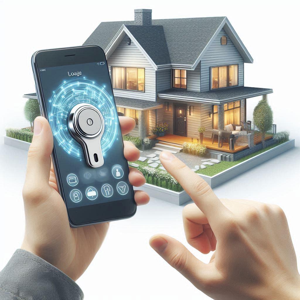 사용자가 스마트폰을 통해 어거스트 스마트 락을 제어하는 장면