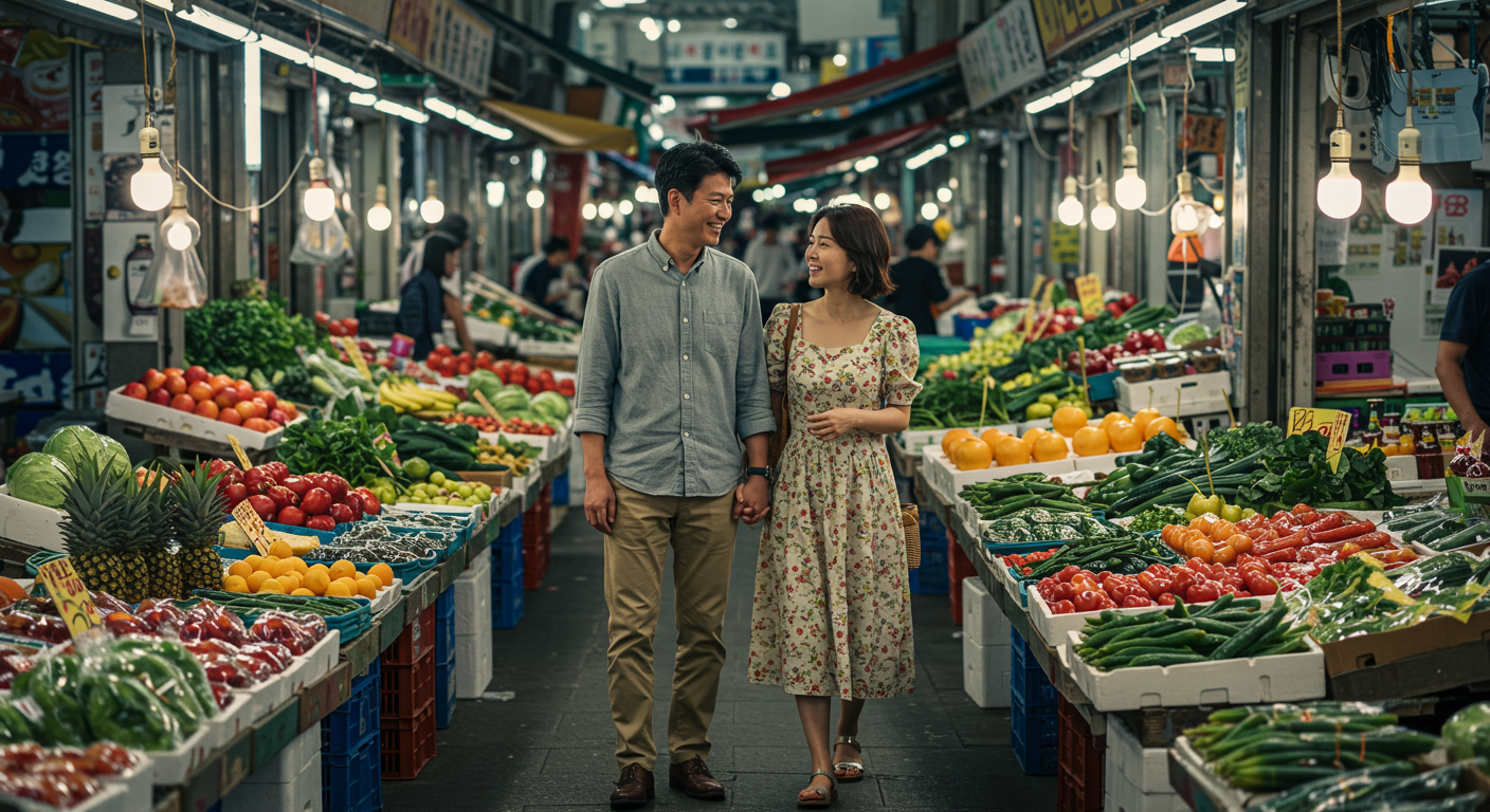 제주 시장에서 소박하지만 따뜻한 일상을 보내는 현지인 부부의 모습.
