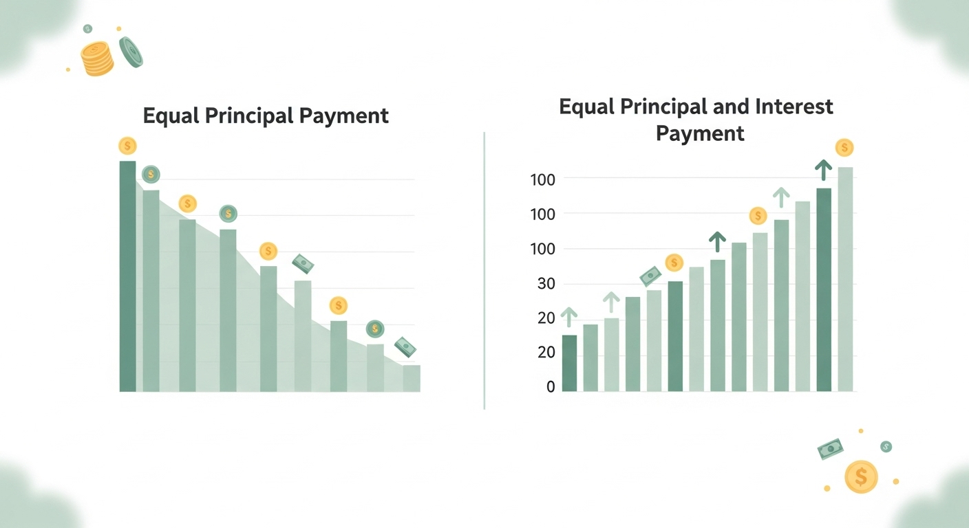 원금균등상환(월 상환액 감소 그래프)과 원리금균등상환(월 상환액 동일 그래프) 방식을 비교하는 그래프.