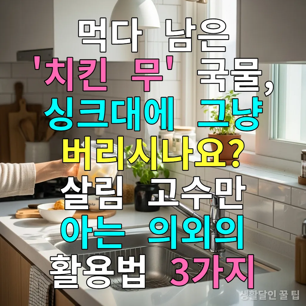 한국의 주방 싱크대에서 치킨 무 국물을 활용해 청소하려는 모습