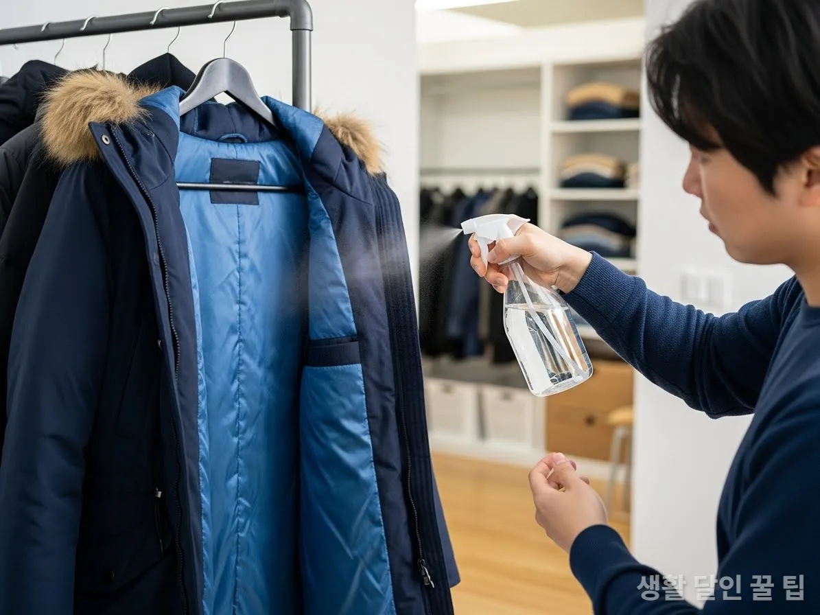 코트 안감에 직접 만든 정전기 방지 스프레이를 뿌리는 모습