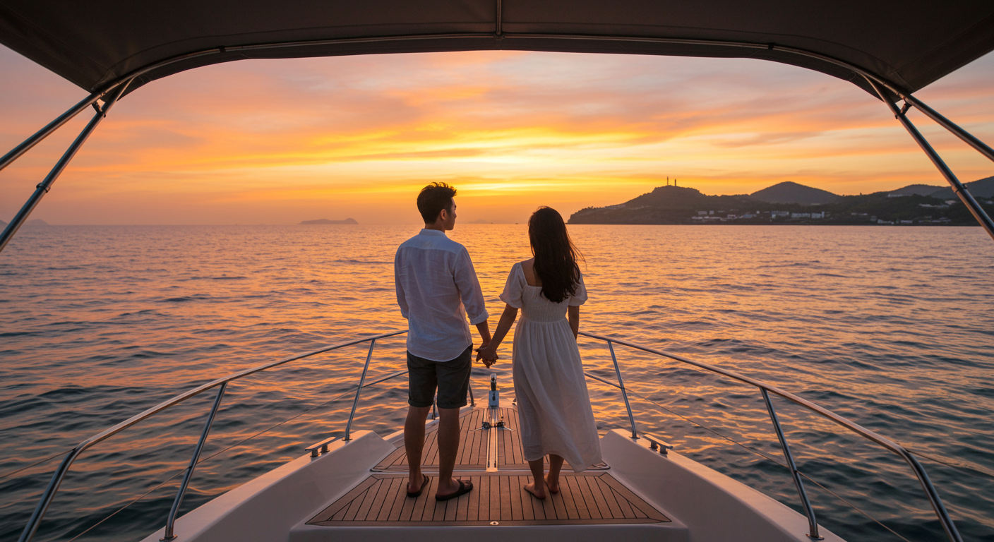 제주 바다 위에서 요트 선셋 크루즈를 즐기는 한국 커플의 로맨틱한 뒷모습.