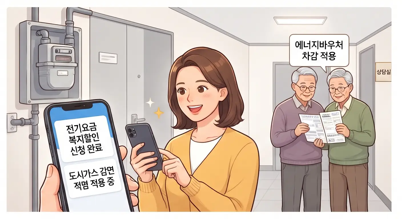 스마트폰으로 전기요금 복지할인 신청 완료 내역을 확인하고 에너지바우처 차급 적용을 설명하는 일러스트