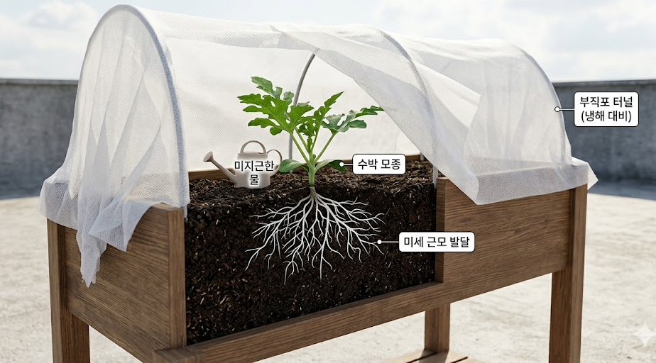 텍스트: 플랜트 박스 내부 부직포 터널 안에서 흰색의 건강한 미세 뿌리가 상토 속으로 뻗어 나가는 수박 모종의 토양 단면 구조