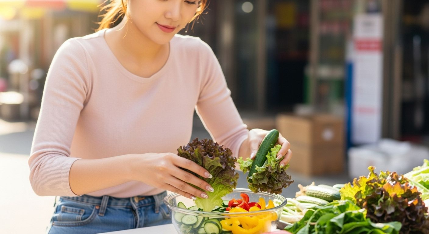 여름 다이어트 샐러든 준비하는 여성 모습