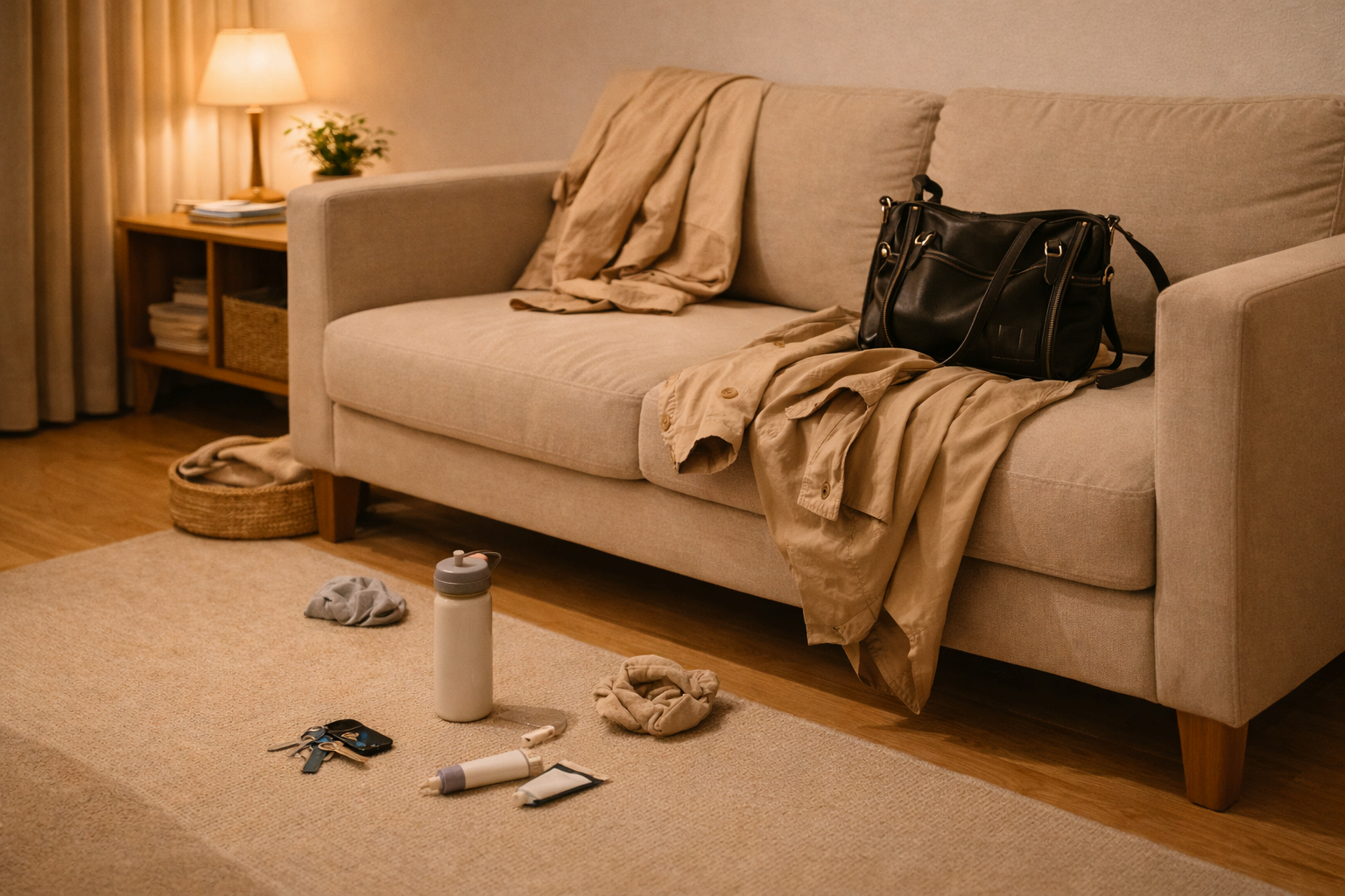 외투와 가방이 어수선하게 놓인 거실의 생활 풍수 모습